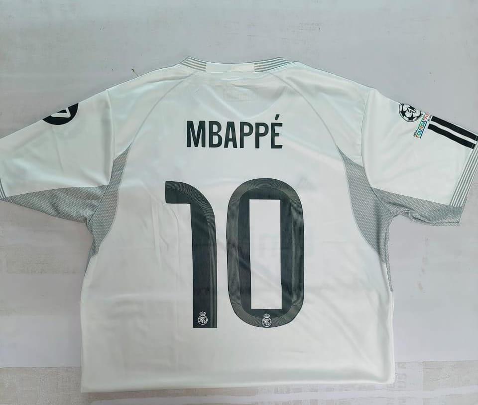 Real Madrid home jersey featuring Kylian Mbappé's